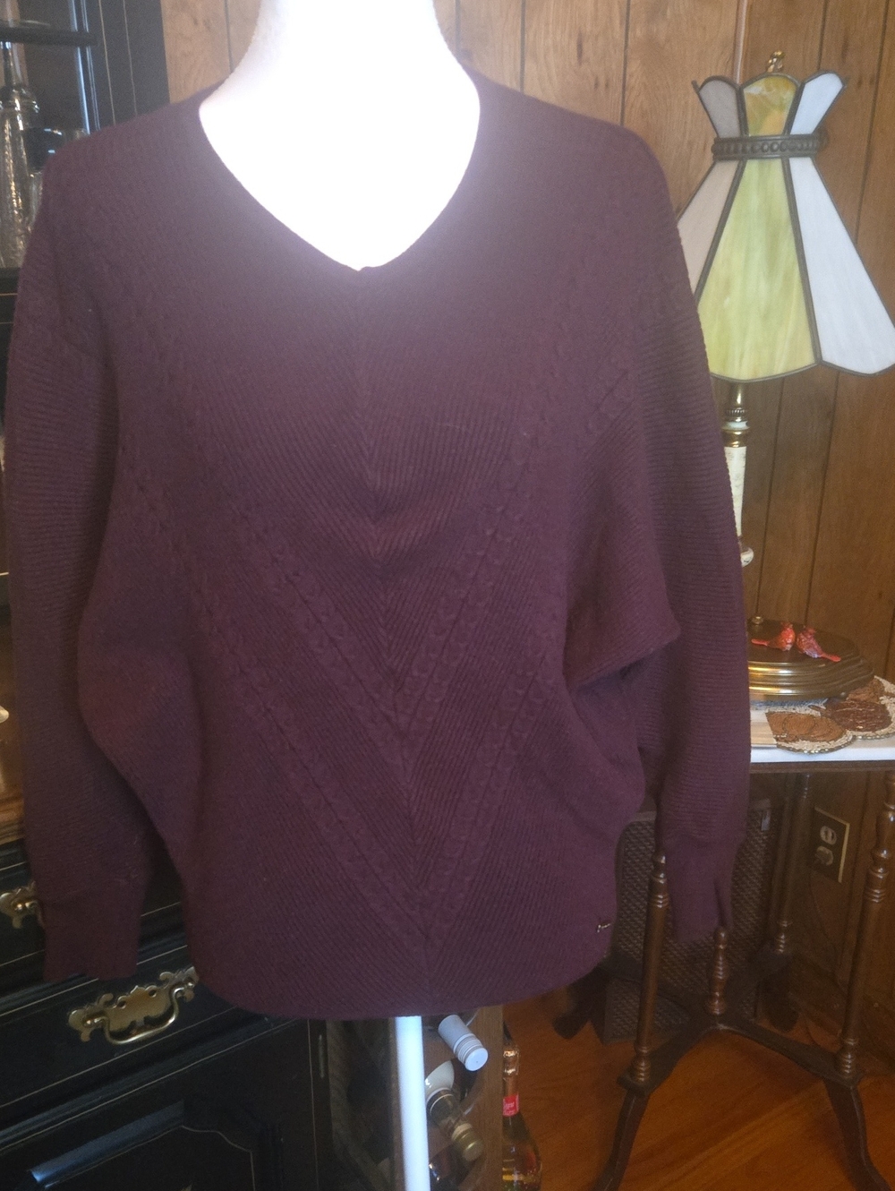 T Tahari Burgundy V-Neck Chevron Cable Knit Sweater